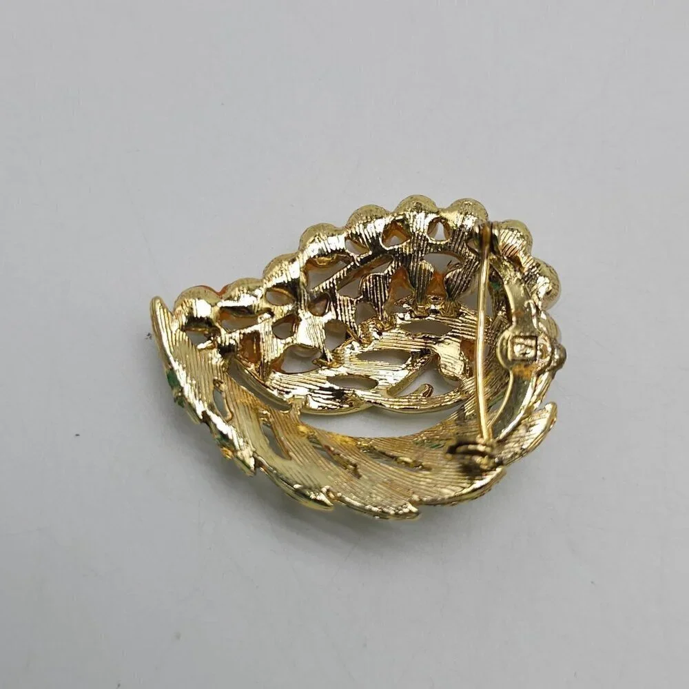 Vintage Gold Tone Leaf Brooch With Faux Pearls Topaz Rhinestones